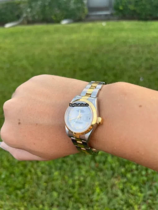Nice Fake Rolex Oyster Perpetual Lady Date 69163 Caliber 2135 Automatic Movement 26mm Steel Case Womens Watch - Image 3