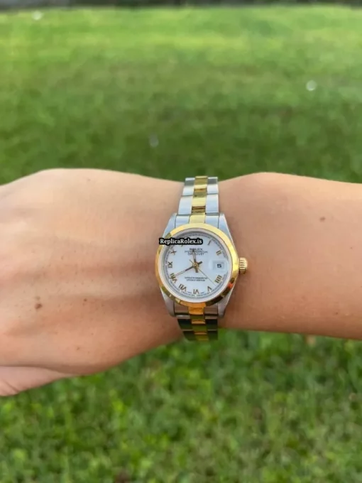Nice Fake Rolex Oyster Perpetual Lady Date 69163 Caliber 2135 Automatic Movement 26mm Steel Case Womens Watch - Image 4