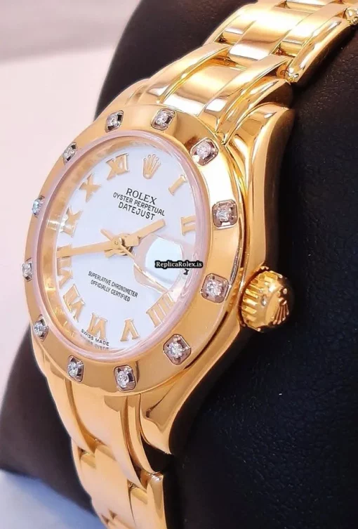 Swiss Knockoff Rolex Lady-datejust Pearlmaster 80318 Automatic Movement 29mm Yellow Gold Case Womens Watch - Image 4