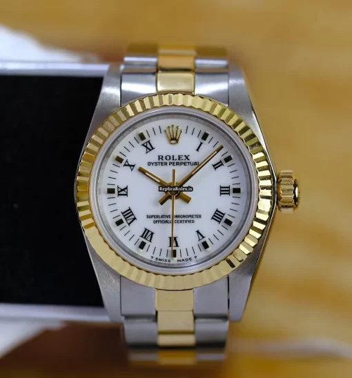 High Quality Fake Rolex Oyster Perpetual 67193 Caliber 2130 Automatic Movement 24x26mm Gold/steel Case Womens Watch