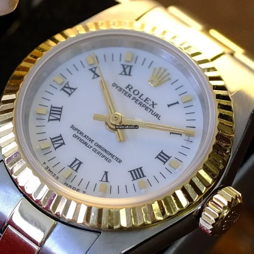 High Quality Fake Rolex Oyster Perpetual 67193 Caliber 2130 Automatic Movement 24x26mm Gold/steel Case Womens Watch - Image 2