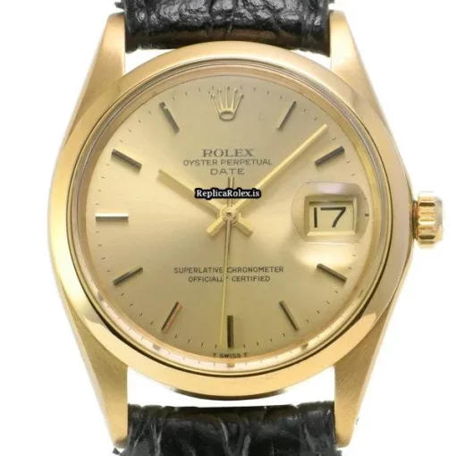 Top Replica Rolex Oyster Perpetual Date 1500 Caliber 1570 Automatic Movement 34mm Yellow Gold Case Watch - Image 5