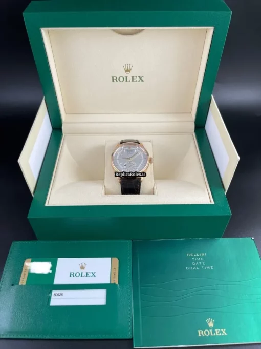 Fine Replica Rolex Cellini Dual Time 50525 Caliber 3180 Automatic Movement 39mm Rose Gold Case Mens/unisex Watch - Image 6